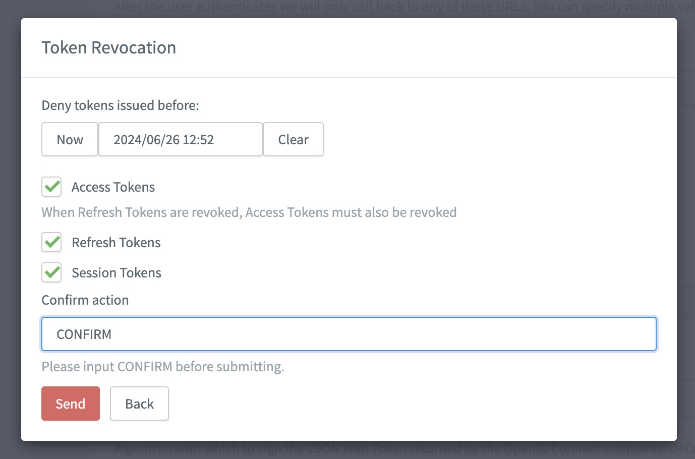 revoke tokens client console