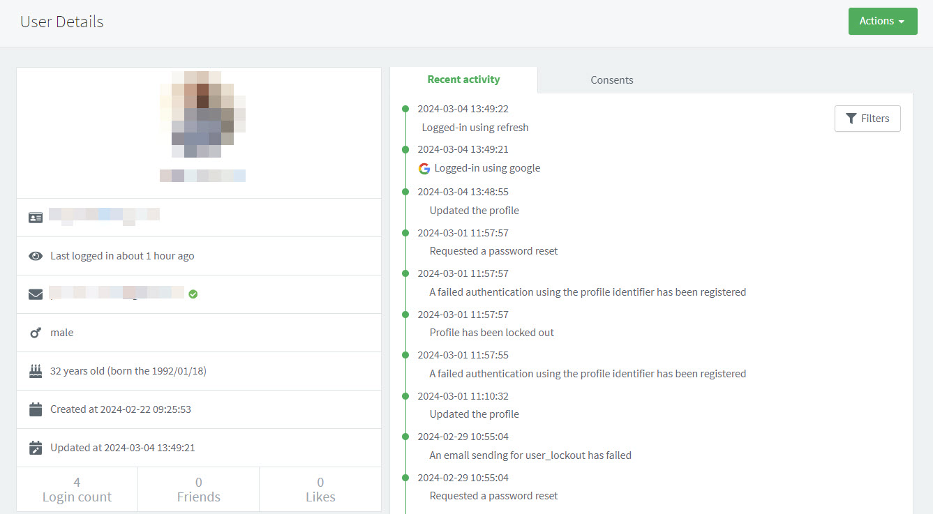 user recent activity expanded list
