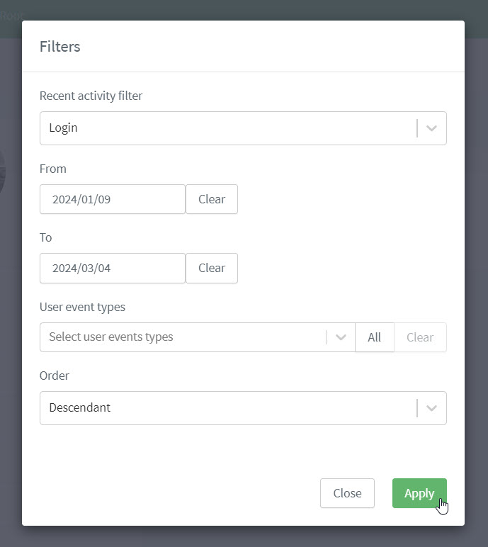 user recent activity filter apply filter