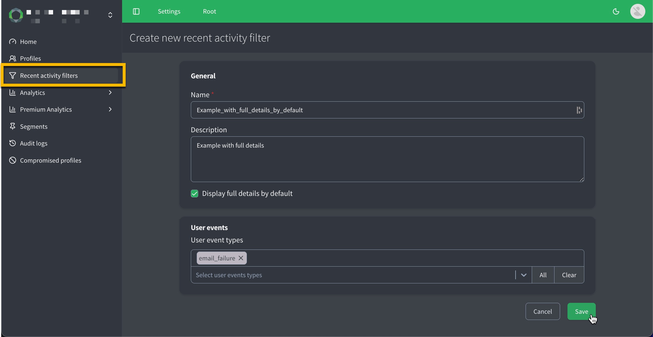 user recent activity filter