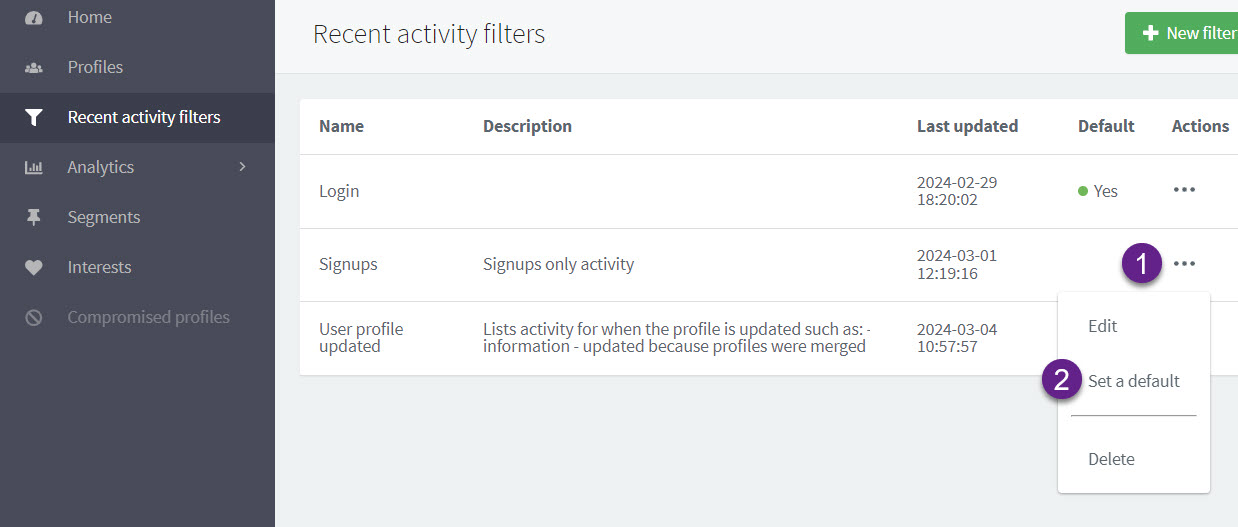 user recent activity set as default