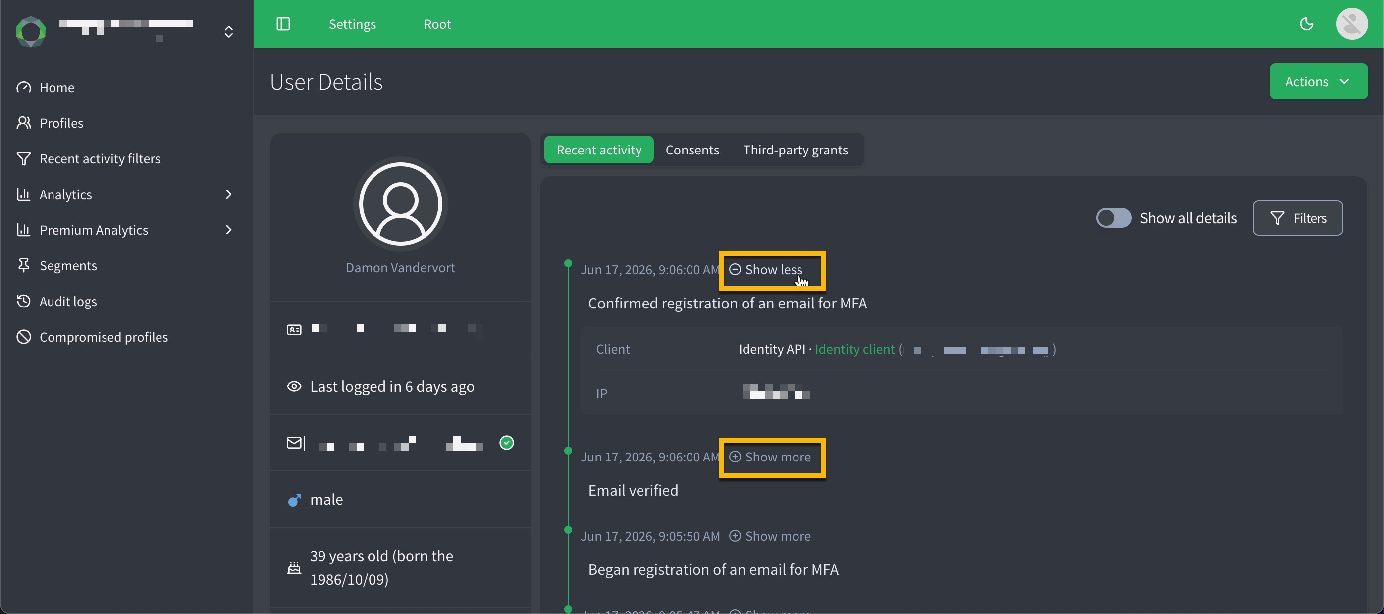 user recent activity showMore