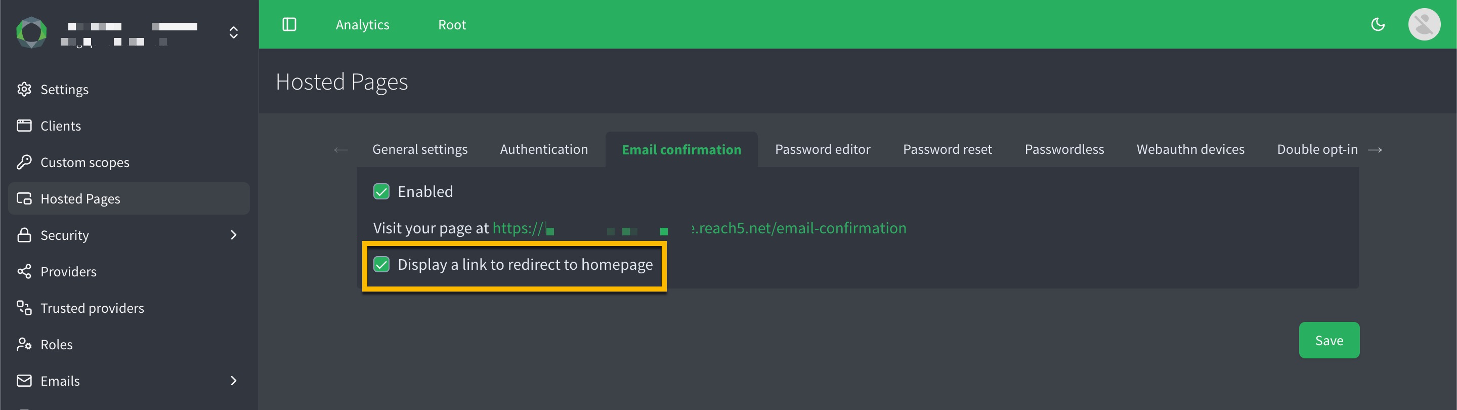 email confirmation enable homepage redirect