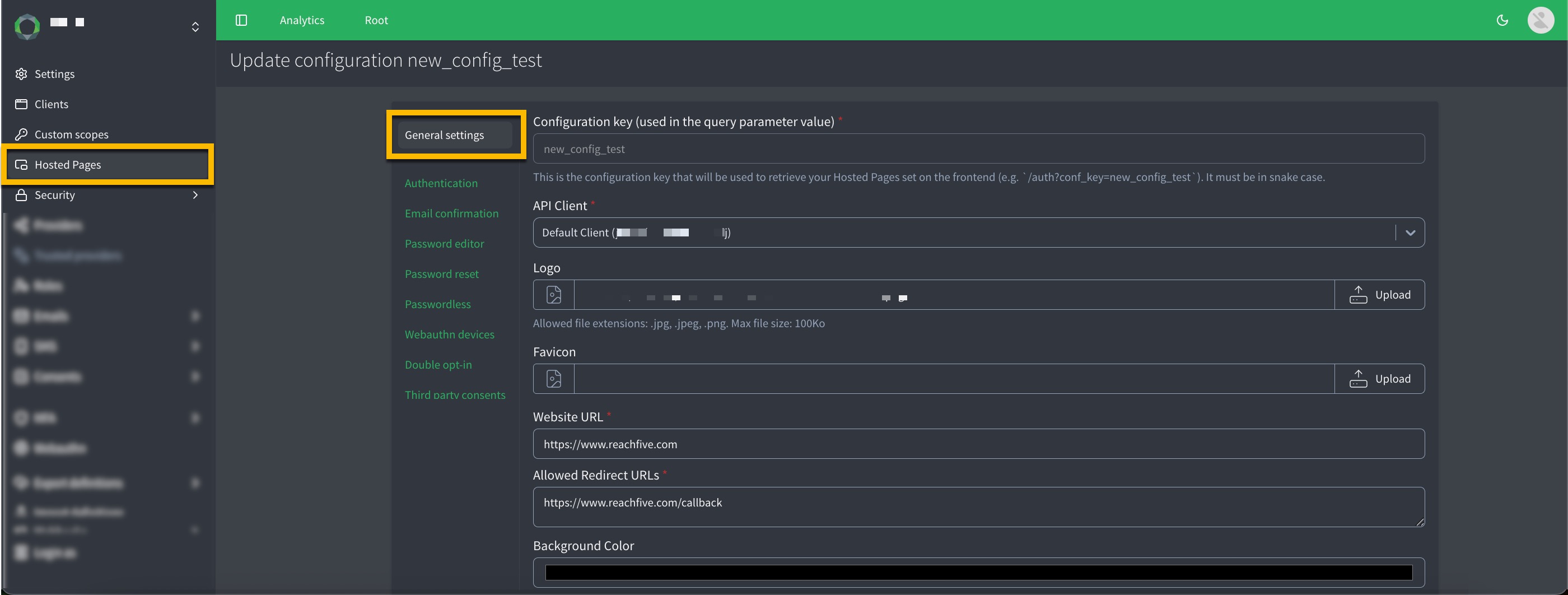 hosted pages general settings