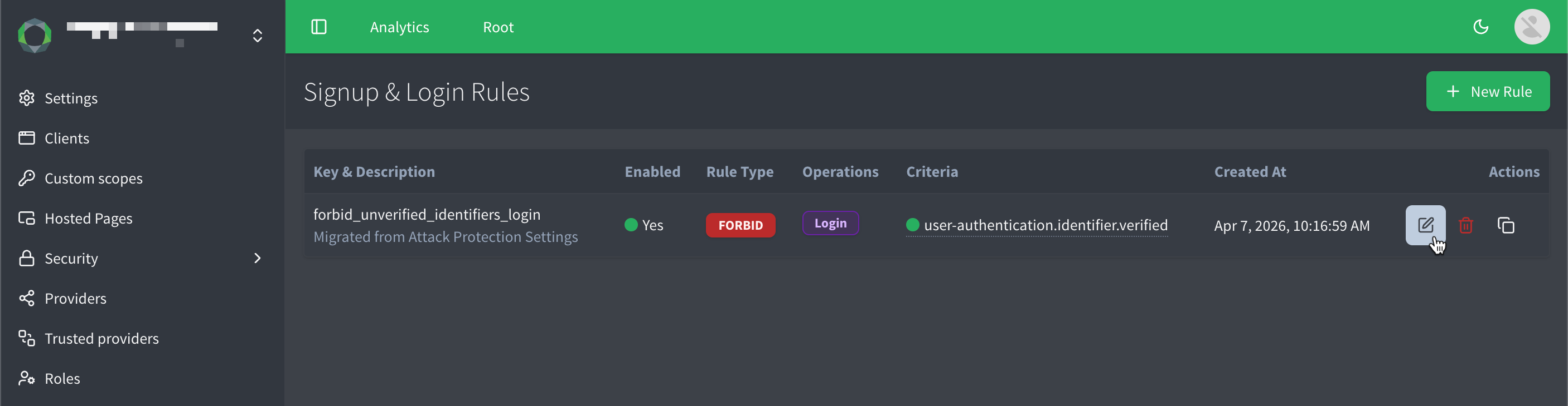 Screenshot of the migrated access rule in the console.