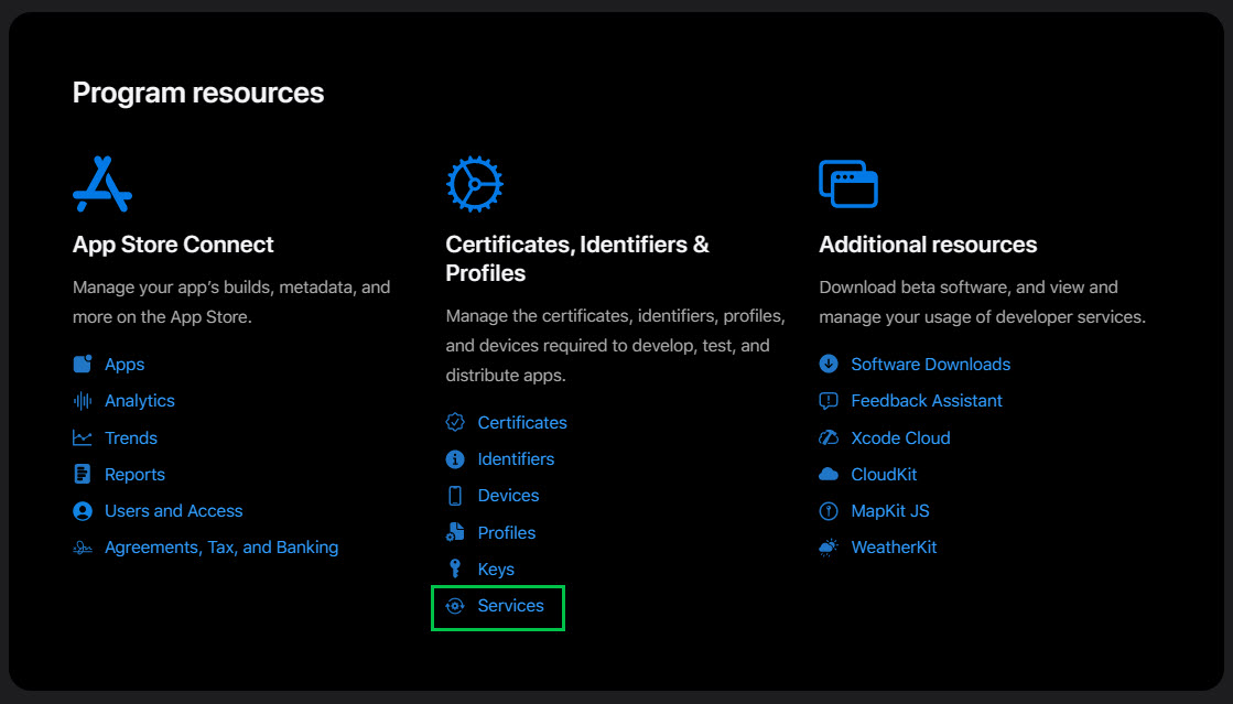 certificatesIdentifiersProfiles services