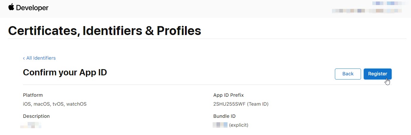 apple developer identifier confirmRegister