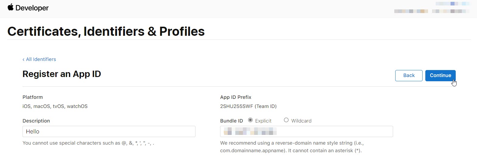 apple developer identifier registerApp