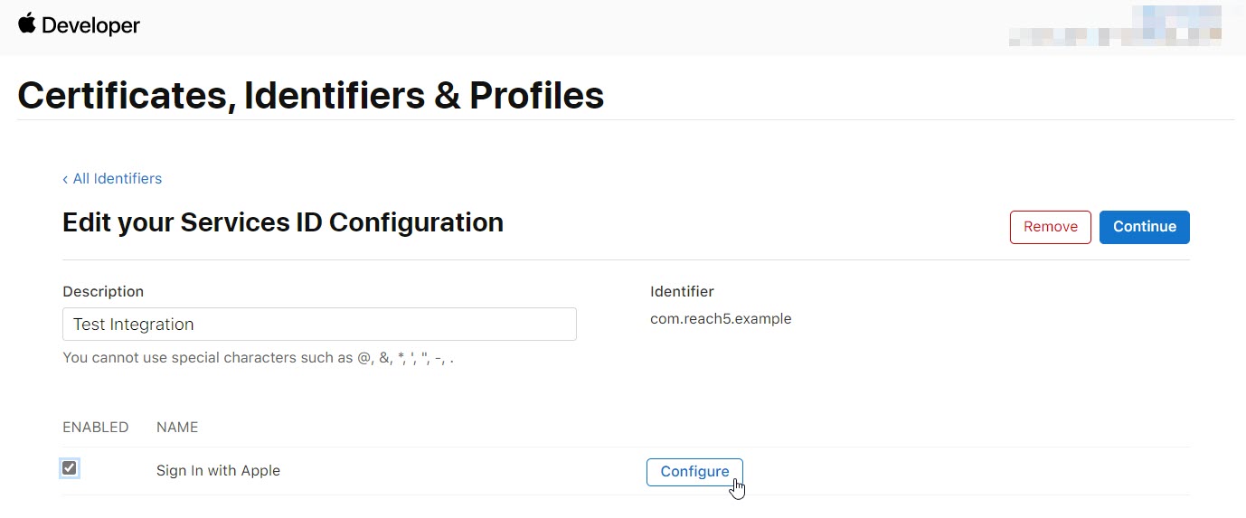 apple developer identifier serviceId list configure