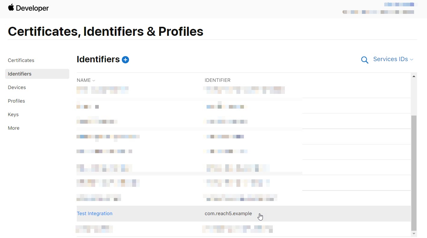apple developer identifier serviceId list