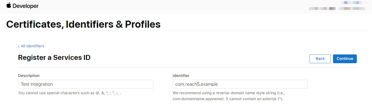 apple developer identifier serviceId register