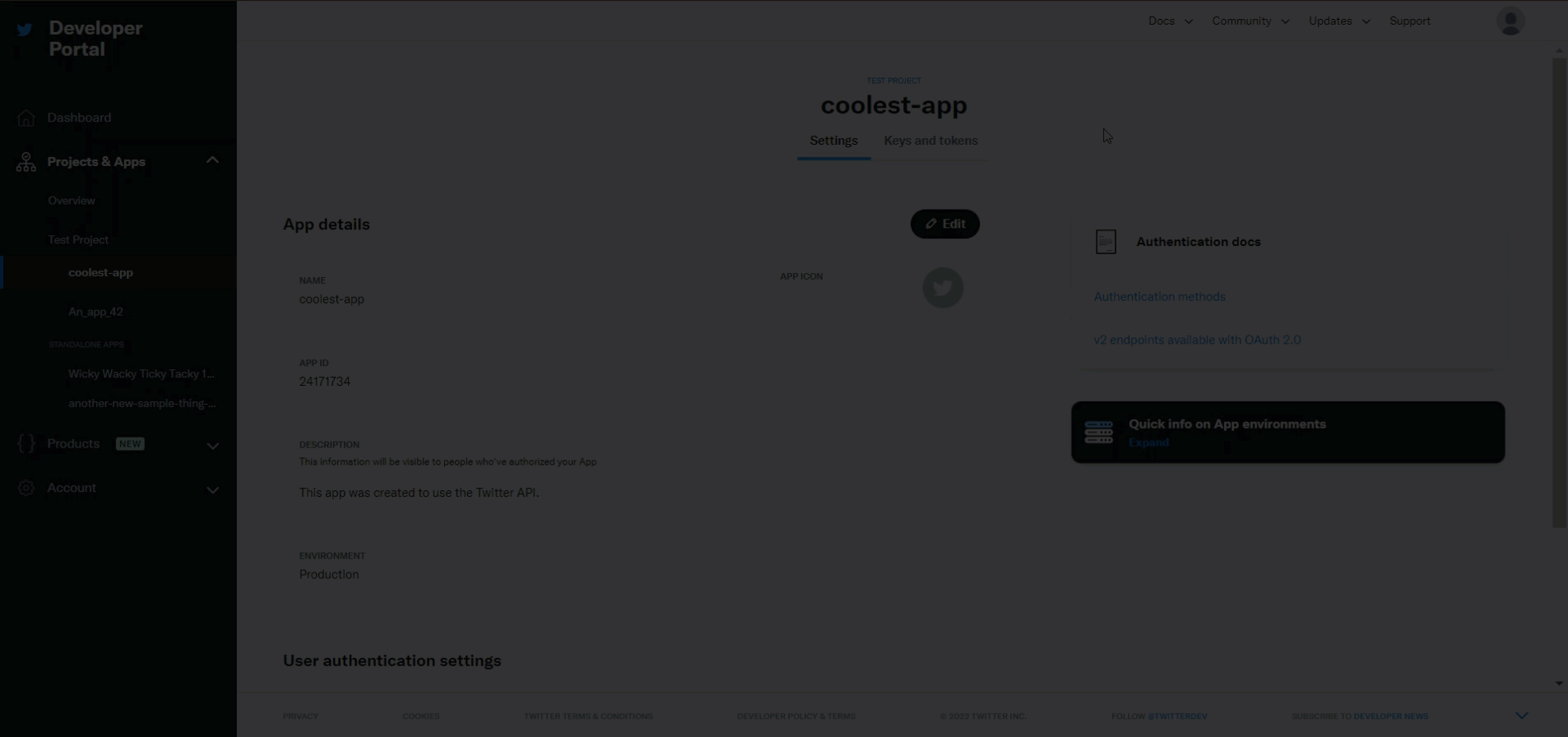 twitter setup auth settings