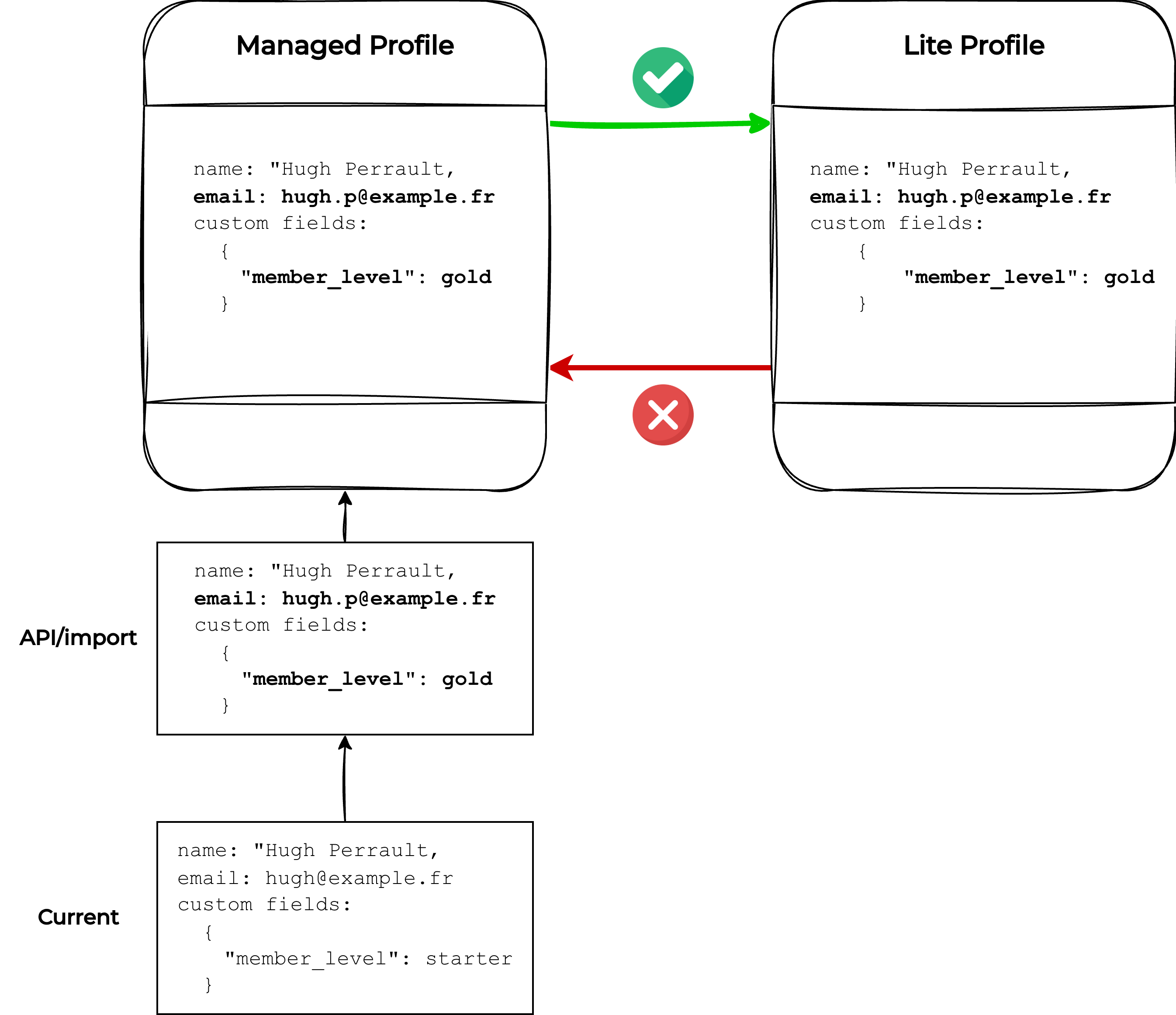 Diagram showing the flow of field updates between Managed and Lite profiles.