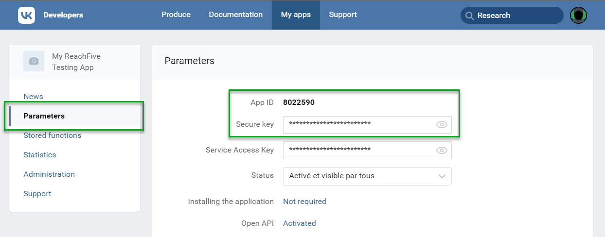 vkontakte appid and secure key