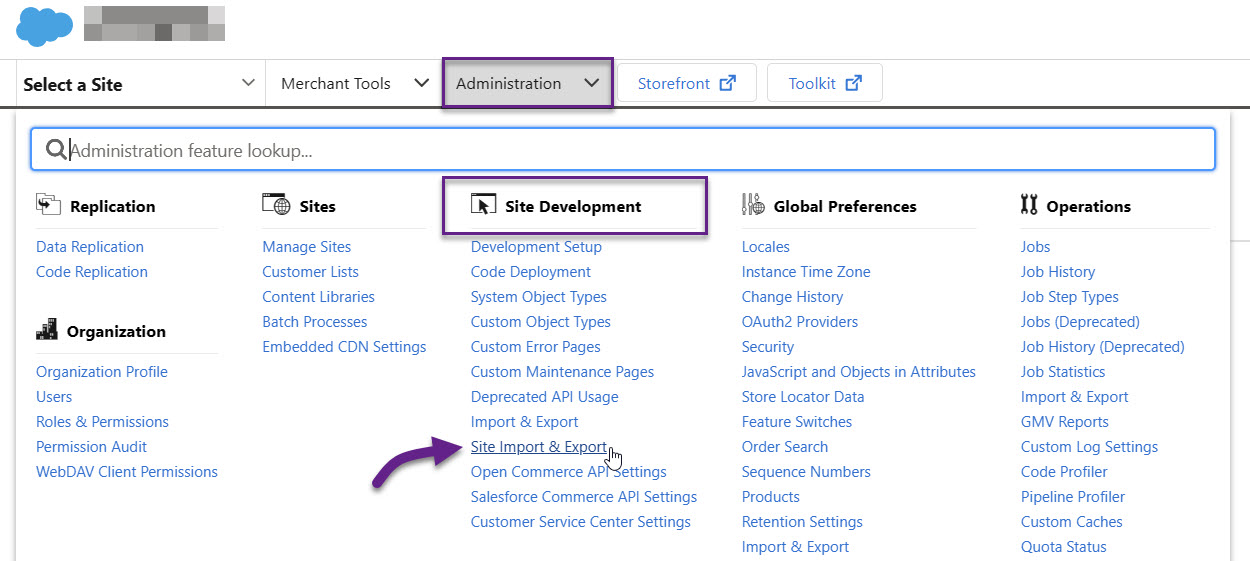 sfcc import site metadata