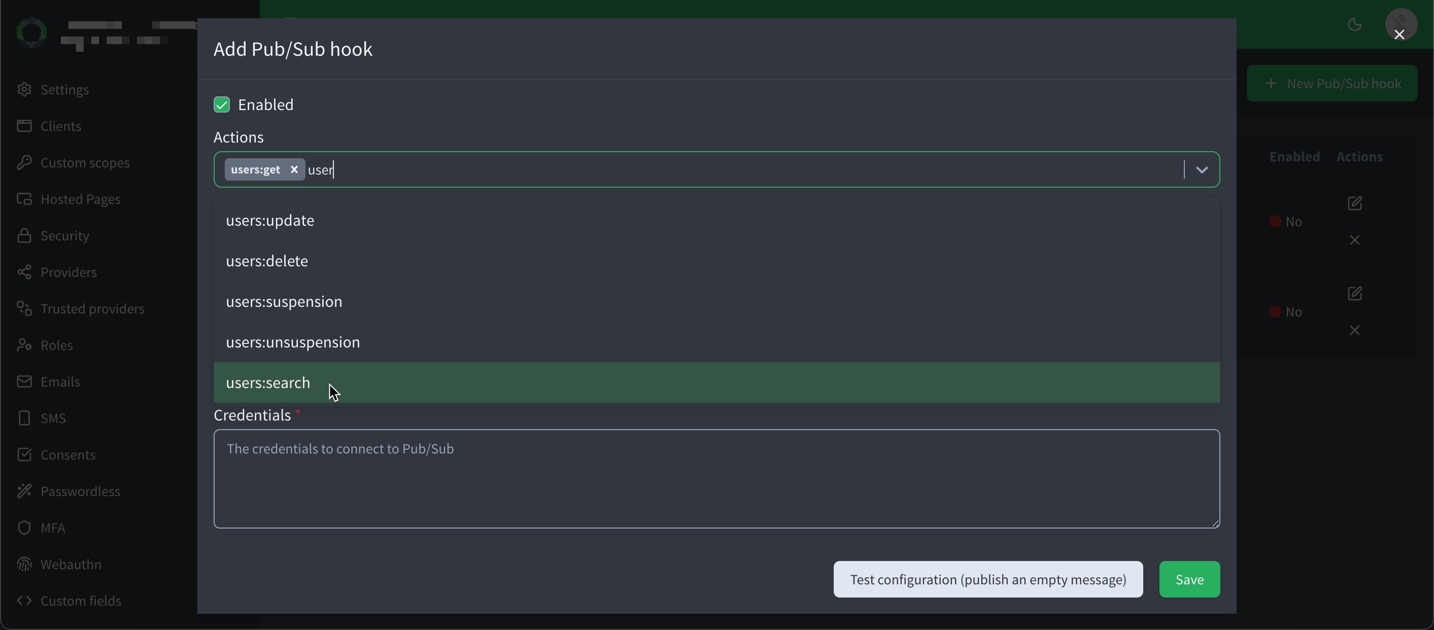 Audit log actions for Pub/Sub hooks